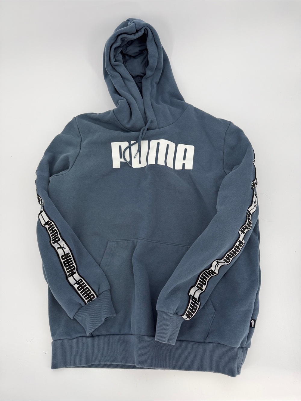 Puma Mens Slate Blue Logo Hoodie Branded Sleeve Tape Sweatshirt‎ Large